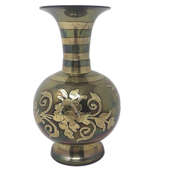 Brass Etched Bud Vase Two-Tone 70s Floral Bird Water Lily Bulb Design Inlay Boho - Picture 3 of 10